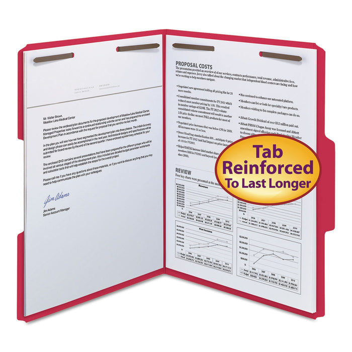 Smead WaterShed CutLess Reinforced Top Tab Fastener Folders, 2 Fasteners, Letter Size, Red Exterior, 50/Box