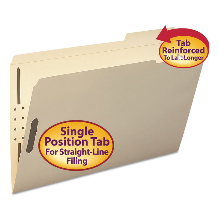 Smead Top Tab Fastener Folders, 1/3-Cut Tabs: Right, 2 Fasteners, Legal Size, 11-pt Manila Exterior, 50/Box