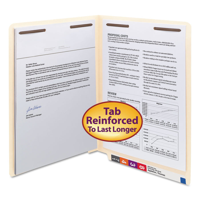 Smead WaterShed CutLess End Tab Fastener Folders, 2 Fasteners, Letter Size, Manila Exterior, 50/Box