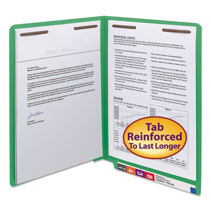 Smead WaterShed CutLess End Tab Fastener Folders, 2 Fasteners, Letter Size, Green Exterior, 50/Box
