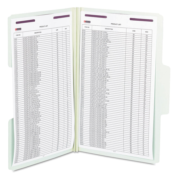 Smead SuperTab Pressboard Fastener Folders with SafeSHIELD Coated Fasteners, 2 Fasteners, Legal Size, Gray-Green Exterior, 25/Box