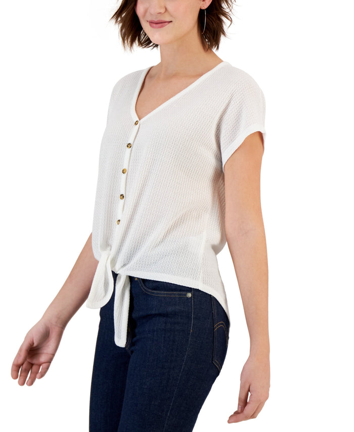 Hippie Rose Juniors Tie-Front Button-Trimmed Top by Vanessa Jane