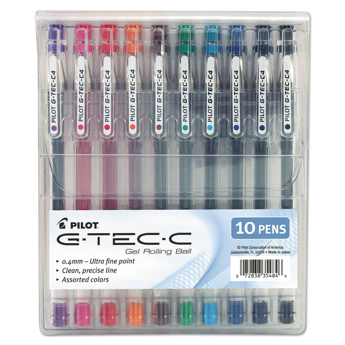 Pilot G-TEC-C Ultra Gel Pen with Convenience Pouch, Stick, Extra-Fine 0.4 mm, Assorted Ink Colors, Clear Barrel, 10/Pack