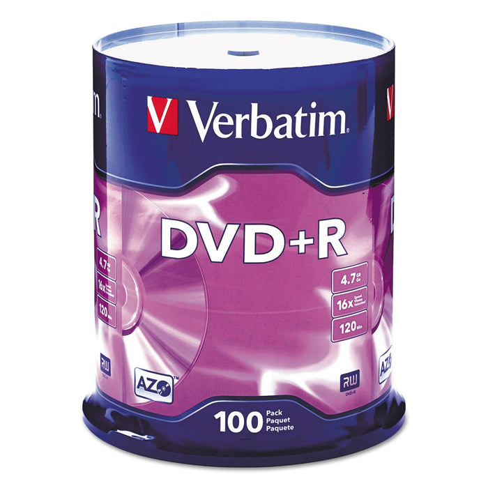 Verbatim DVD+R Recordable Disc, 4.7 GB, 16x, Spindle, Silver, 100/Pack