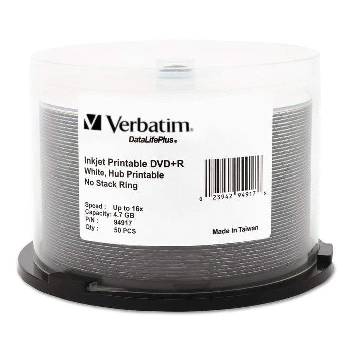 Verbatim DVD+R Recordable Disc, 4.7 GB, 16x, Spindle, Hub Printable, White, 50/Pack