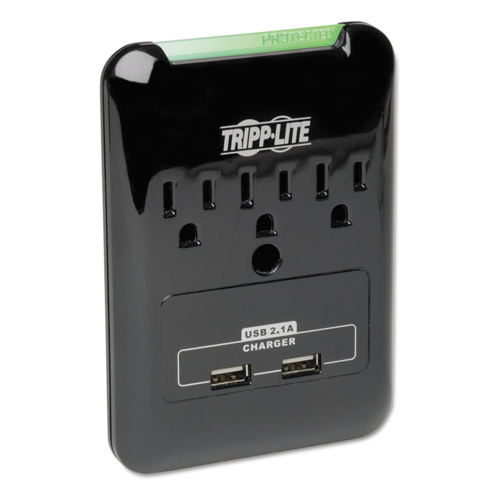Tripp Lite Protect It! Surge Protector, 3 AC Outlets/2 USB Ports, 540 J, Black