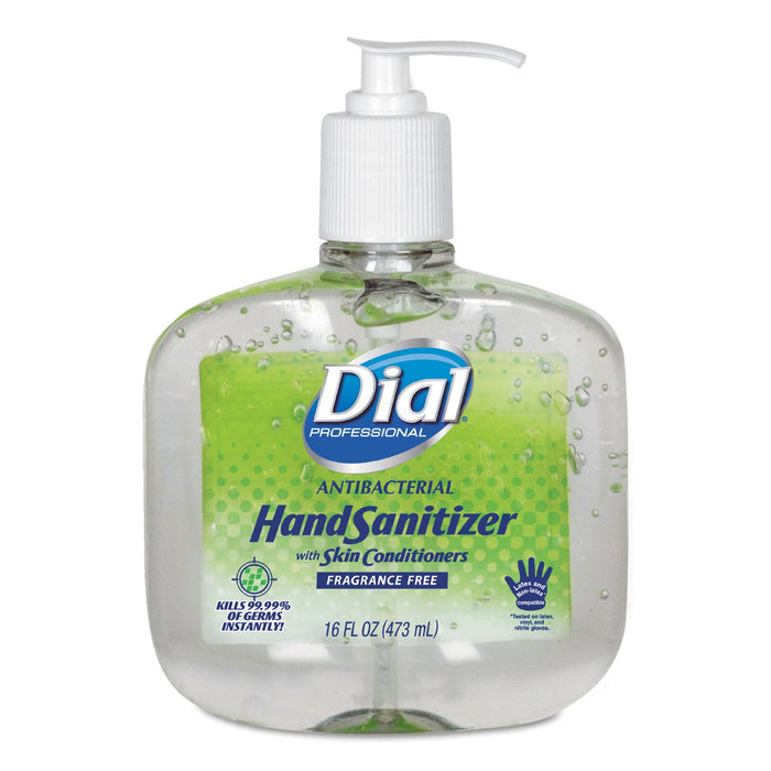 Dial Antibacterial with Moisturizers Gel Hand Sanitizer, 16 oz Pump Bottle, Fragrance-Free, 8/Carton