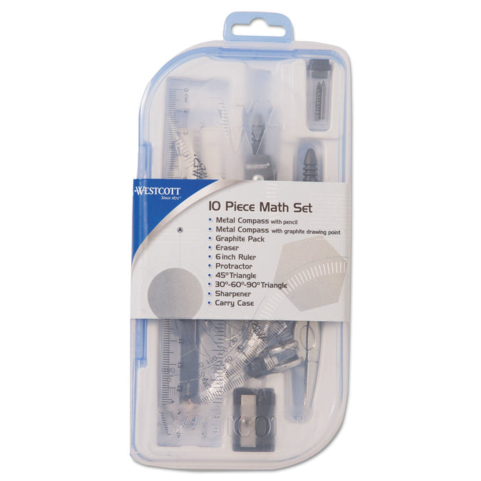 Westcott Ten Piece Math Tool Kit, Blue with Gray Tools, Hard Plastic Case