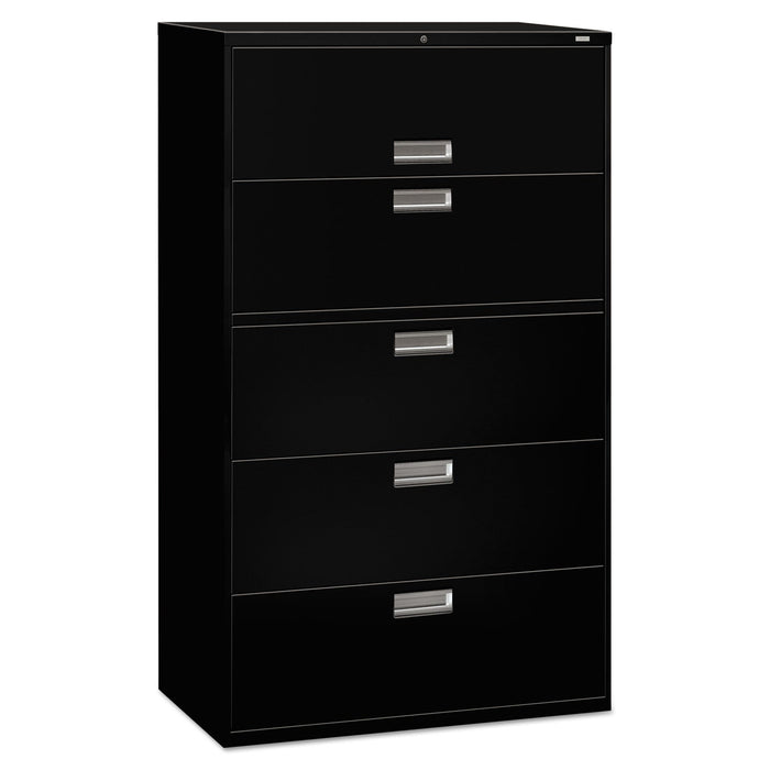 HON Brigade 600 Series Lateral File, 4 Legal/Letter-Size File Drawers, 1 Roll-Out File Shelf, Black, 42" x 18" x 64.25"