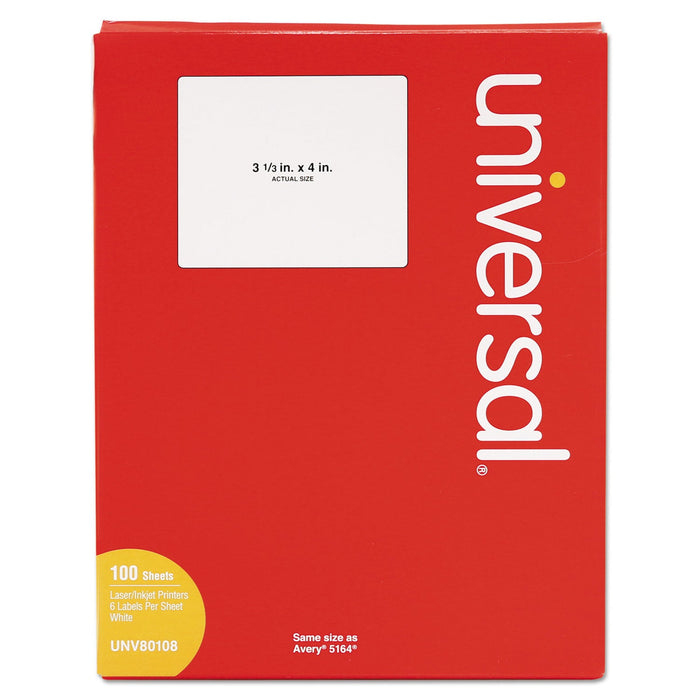 Universal White Labels, Inkjet/Laser Printers, 3.33 x 4, White, 6/Sheet, 100 Sheets/Box