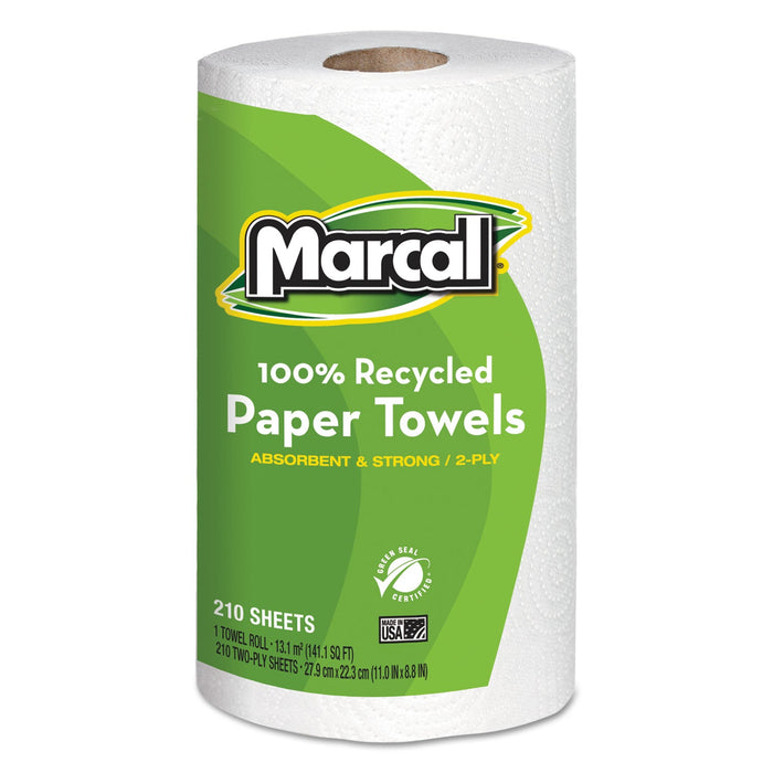 Marcal 100% Premium Recycled Kitchen Roll Towels, 2-Ply, 11 x 8.8, White, 210 Sheets, 12 Rolls/Carton