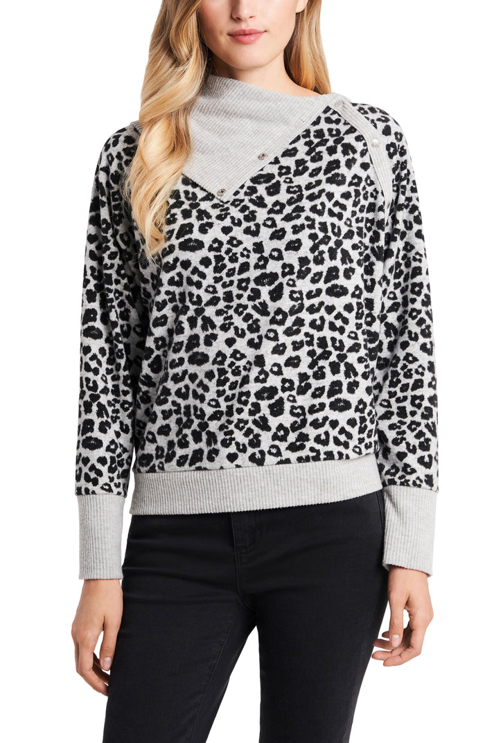 Vince Camuto Leopard Jacquard Print Fold Over Neck Long Sleeve Top, XL by Vanessa Jane