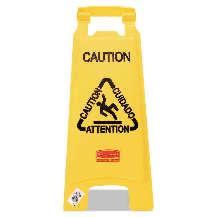 Rubbermaid Multilingual "Caution" Floor Sign, 11 x 12 x 25, Bright Yellow