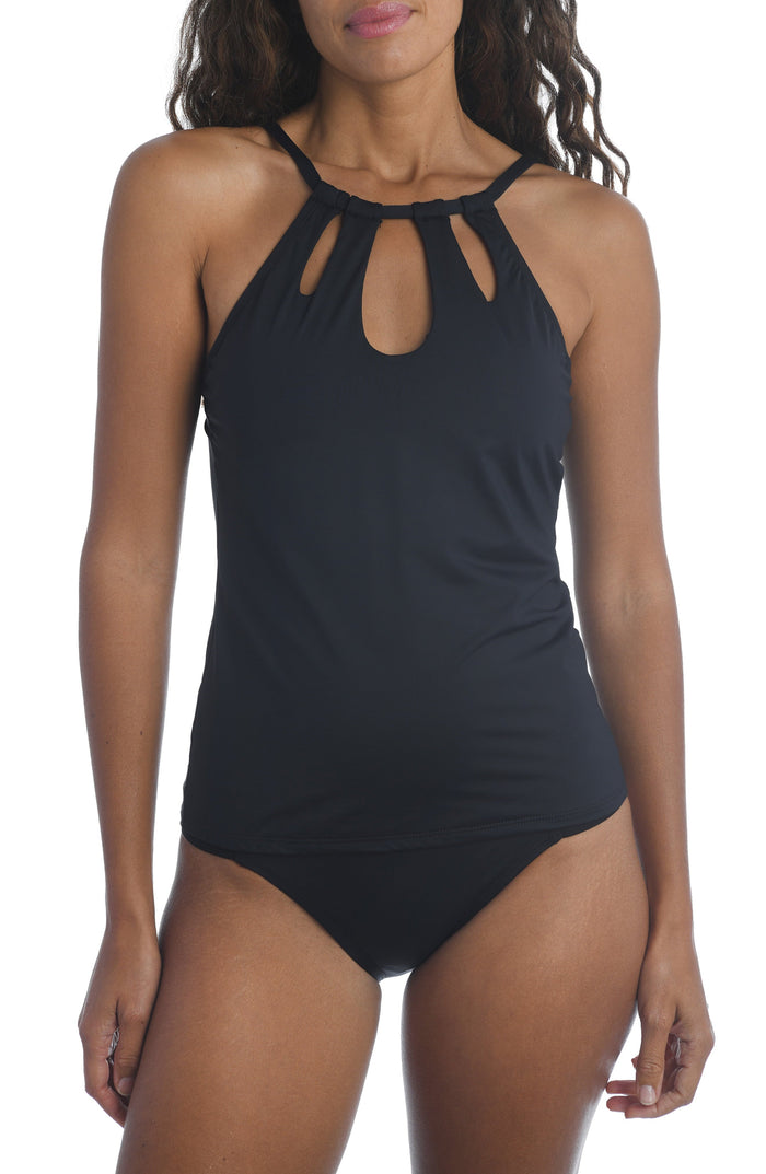 La Blanca Island Goddess High-Neck Cutout Tankini Top, Size 4 by Vanessa Jane