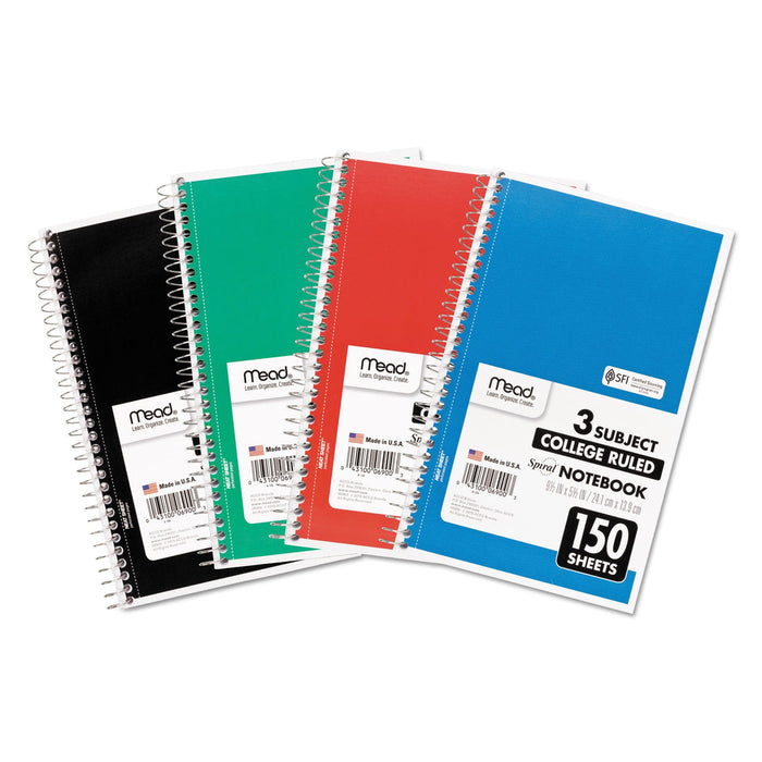 Mead Spiral Notebook, 3 Subject, Medium/College Rule, Randomly Assorted Covers, 9.5 x 5.5, 150 Sheets
