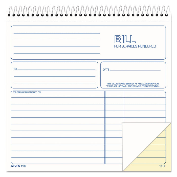 TOPS Spiralbound Service Invoices, Two-Part Carbonless, 8.5 x 7.75, 1/Page, 50 Forms