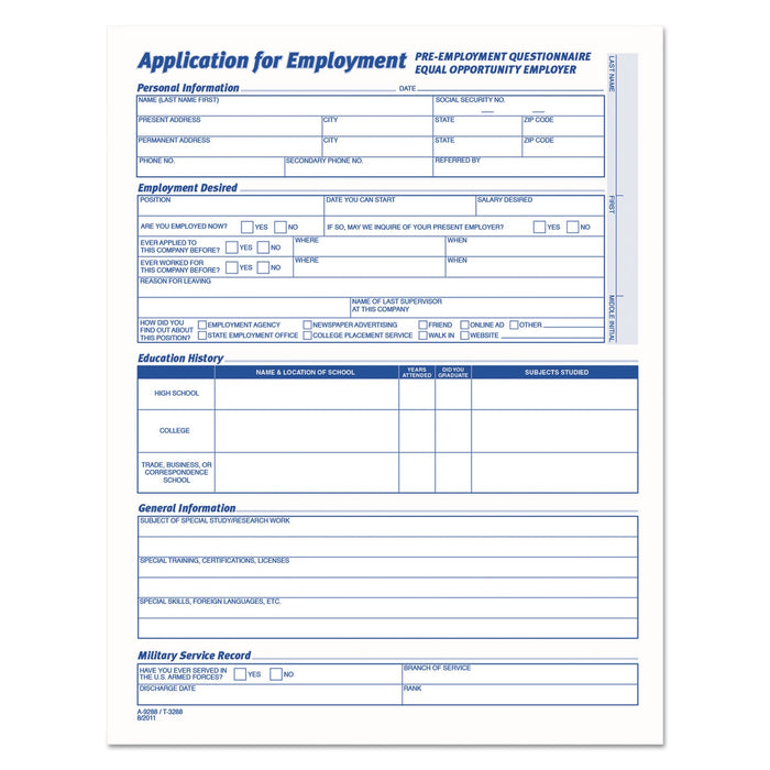 TOPS Comprehensive Employee Application Form, 8.5 x 11, 1/Page, 25 Forms