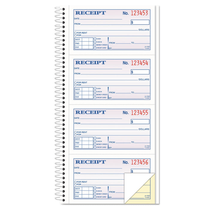 TOPS Money/Rent Receipt Spiral Book, Two-Part Carbonless, 2.75 x 4.75, 4/Page, 200 Forms