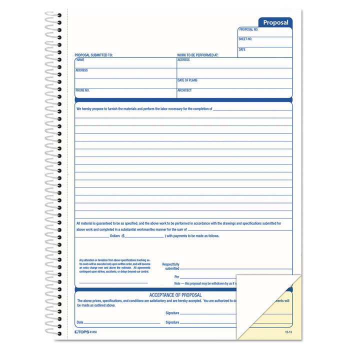 TOPS Spiralbound Proposal Form Book, Two-Part Carbonless, 8.5 x 11, 1/Page, 50 Forms