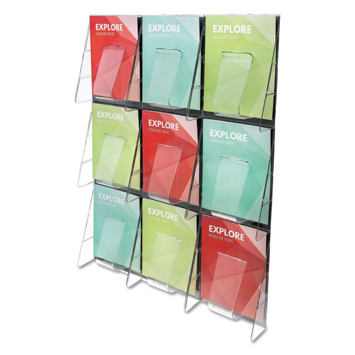 deflecto Stand-Tall 9-Bin Wall-Mount Literature Rack, Mag, 27.5w x 3.38d x 35.63h, Clear/Black