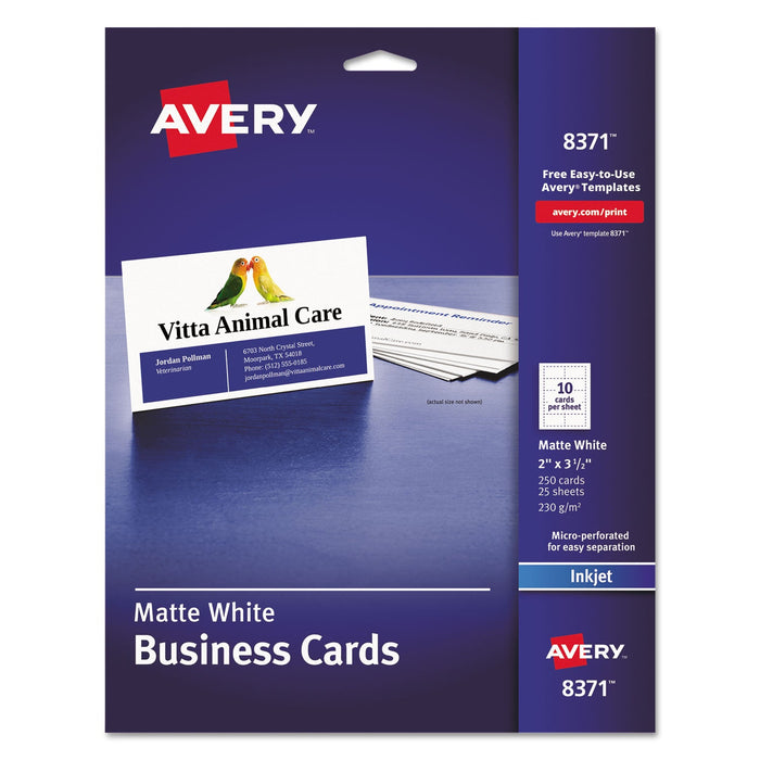 Avery Printable Microperforated Business Cards w/Sure Feed Technology, Inkjet, 2 x 3.5, White, 250 Cards, 10/Sheet, 25 Sheets/Pack