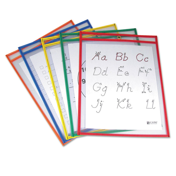 C-Line Reusable Dry Erase Pockets, 9 x 12, Assorted Primary Colors, 5/Pack