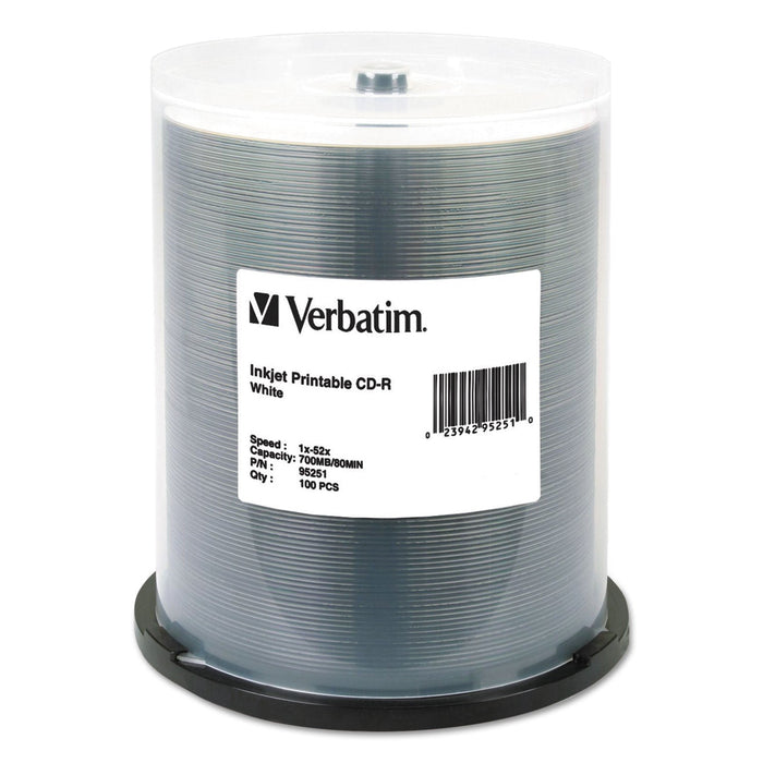 Verbatim CD-R Printable Recordable Disc, 700 MB/80 min, 52x, Spindle, White, 100/Pack