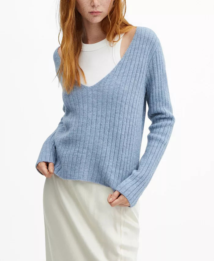 Mango Womens V-Neck Ribbed Knit Sweater - Blue, Size XXL by Vanessa Jane