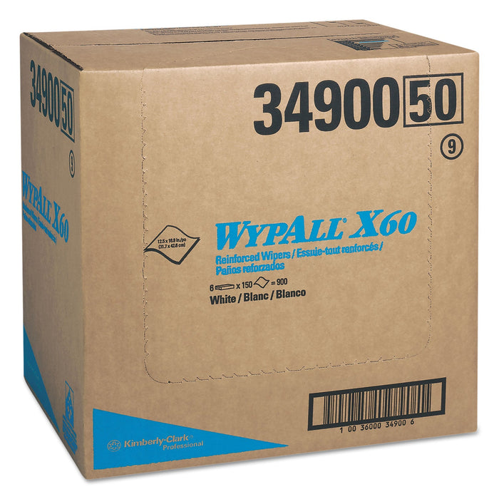 WypAll General Clean X60 Cloths, Flat Sheet, 12.5 x 16.8, White, 150/Box, 6 Boxes/Carton