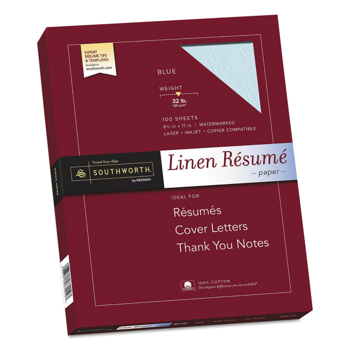 Southworth 100% Cotton Premium Weight Linen Resume Paper, 32 lb Bond Weight, 8.5 x 11, Blue, 100/Pack