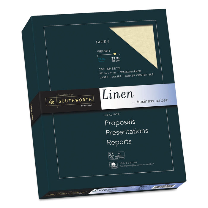 Southworth 25% Cotton Linen Business Paper, 32 lb Bond Weight, 8.5 x 11, Ivory, 250/Pack