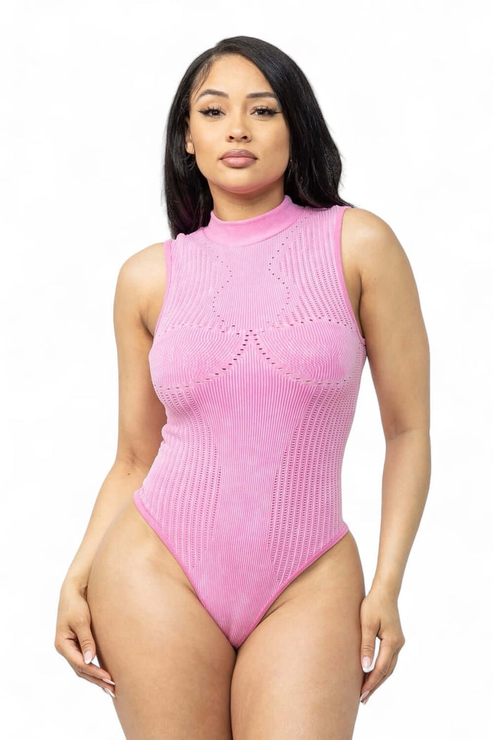 Washed Seamless Solid Mock Neck Basic Bodysuit by The House of Stylez