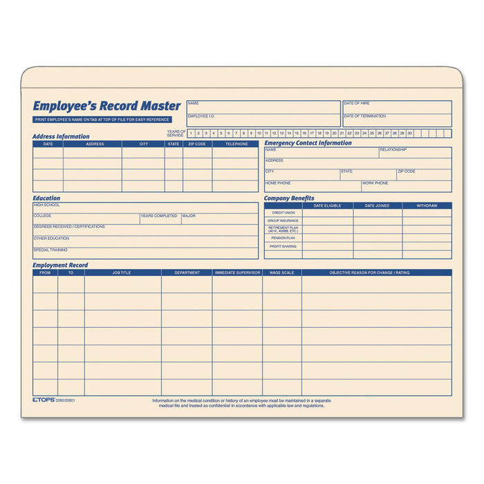 TOPS Employee Record Master File Jacket, Straight Tab, Letter Size, Manila, 20/Pack