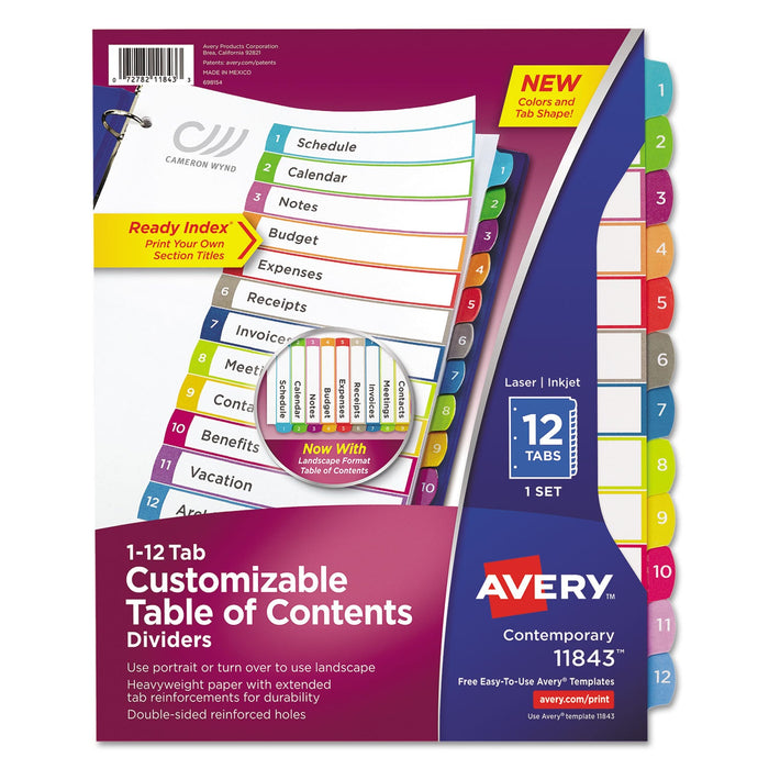 Avery Customizable TOC Ready Index Multicolor Tab Dividers, 12-Tab, 1 to 12, 11 x 8.5, White, Contemporary Color Tabs, 1 Set