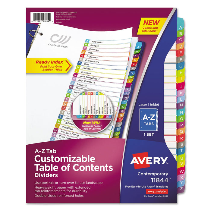 Avery Customizable TOC Ready Index Multicolor Tab Dividers, 26-Tab, A to Z, 11 x 8.5, White, Contemporary Color Tabs, 1 Set