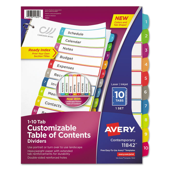 Avery Customizable TOC Ready Index Multicolor Tab Dividers, 10-Tab, 1 to 10, 11 x 8.5, White, Contemporary Color Tabs, 1 Set