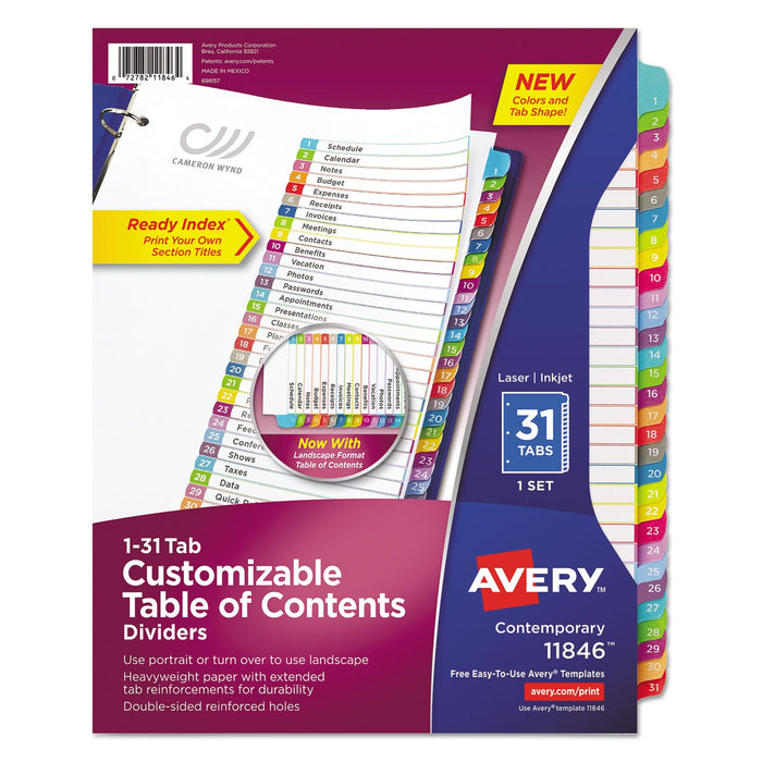 Avery Customizable TOC Ready Index Multicolor Tab Dividers, 31-Tab, 1 to 31, 11 x 8.5, White, Contemporary Color Tabs, 1 Set