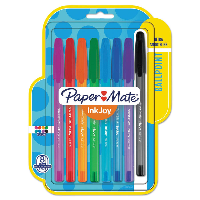 Paper Mate InkJoy 100 Ballpoint Pen, Stick, Medium 1 mm, Eight Assorted Ink and Barrel Colors, 8/Pack