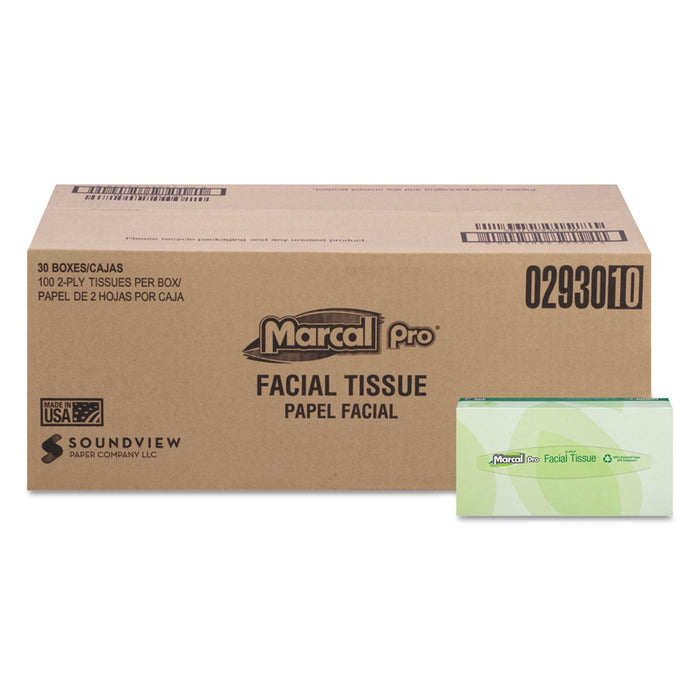 Marcal PRO 100% Recycled Convenience Pack Facial Tissue, Septic Safe, 2-Ply, White, 100 Sheets/Box, 30 Boxes/Carton