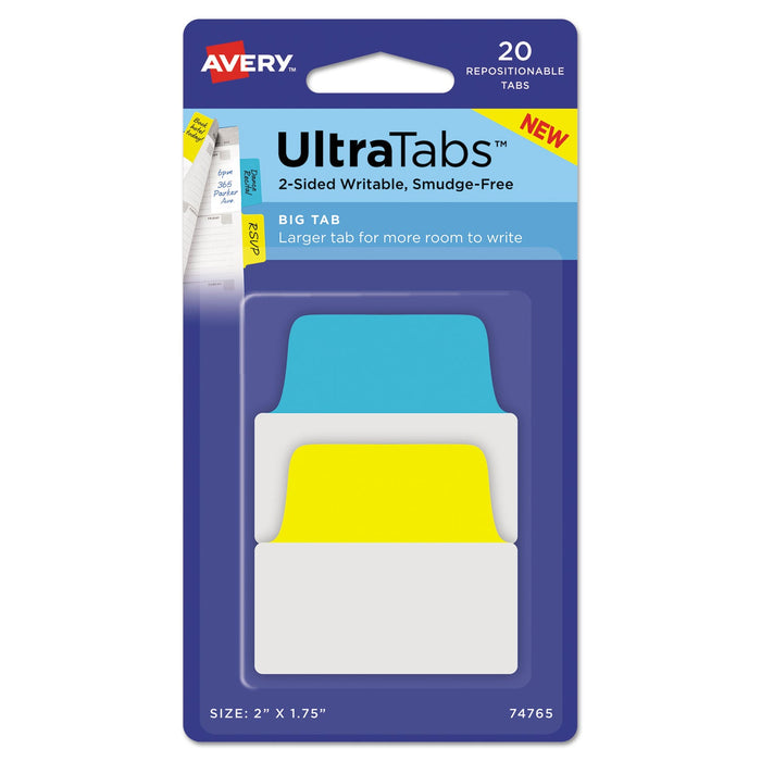 Avery Ultra Tabs Repositionable Tabs, Big Tabs: 2" x 1.75", 1/5-Cut, Assorted Primary Colors, 20/Pack