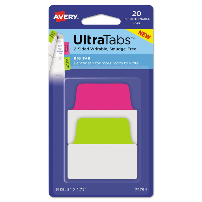 Avery Ultra Tabs Repositionable Tabs, Big Tabs: 2" x 1.75", 1/5-Cut, Assorted Neon Colors, 20/Pack