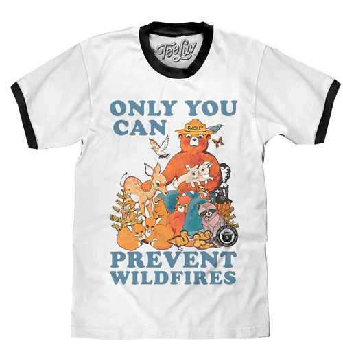 Smokey Bear Only You Can Prevent Wildfires Ringer T-Shirt - White and Black by Tee Luv