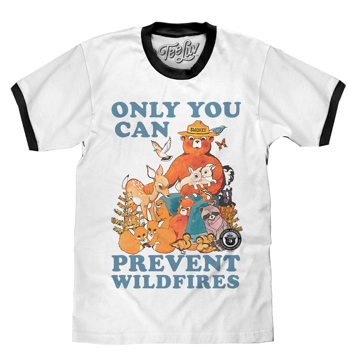 Smokey Bear Only You Can Prevent Wildfires Ringer T-Shirt - White and Black by Tee Luv