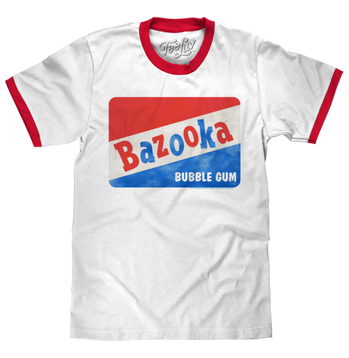 Topps Bazooka Bubble Gum Ringer T-Shirt- Red and White by Tee Luv