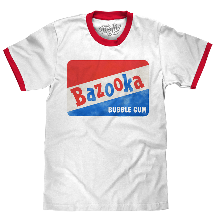 Topps Bazooka Bubble Gum Ringer T-Shirt- Red and White by Tee Luv