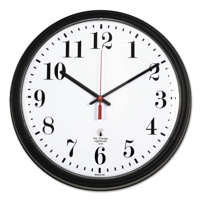 Chicago Lighthouse Black Quartz CONTRACT Clock, 13.75" Overall Diameter, Black Case, 1 AA (sold separately)
