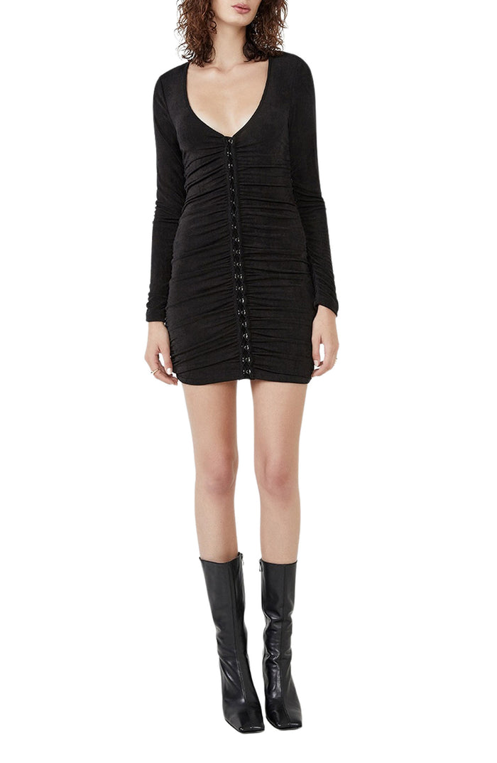Bardot Demi Ruched Long Sleeve Minidress in Black, Size X-Large by Vanessa Jane