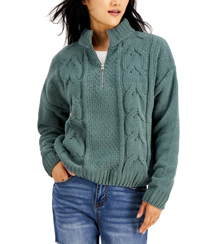 Hooked Up by IoT Juniors Chenille Cable-Knit Sweater – Green, Size Large by Vanessa Jane
