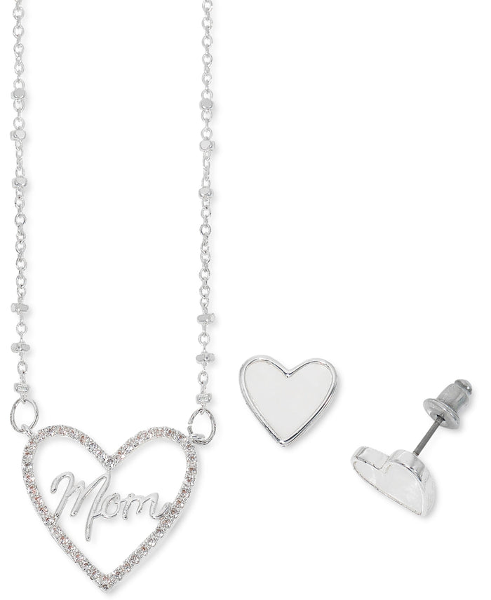 Macys Cubic Zirconia Mom Heart Pendant Necklace and Mother-of-Pearl Earrings by Vanessa Jane