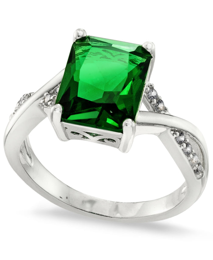 Charter Club Silver Plated Pave and Green Emerald-Cut Crystal Twist Ring, Size 8 by Vanessa Jane